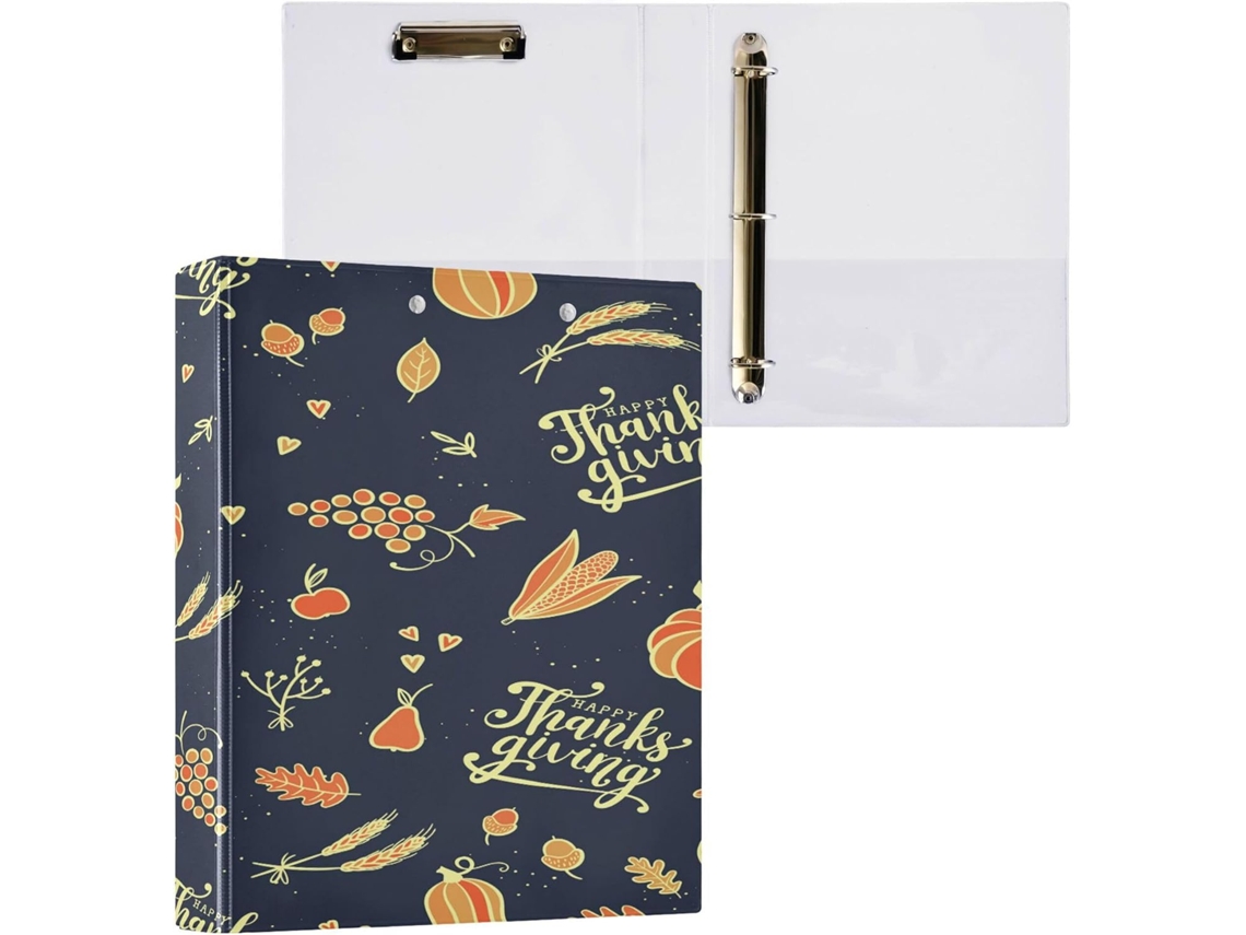 Pasta de Três Argolas 3,8 Cm com Bolsos Internos 1/2 Pacote Material Escolar Capa Dura. Feliz Outono e Dia a