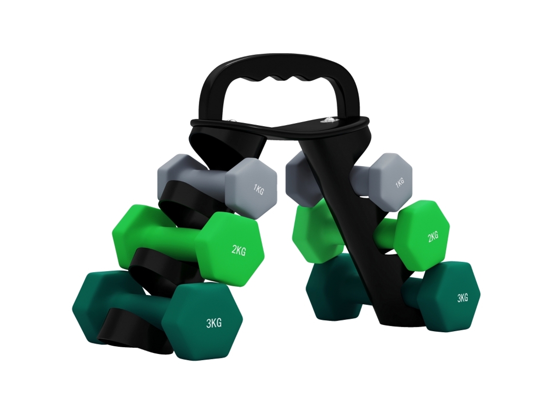 Conjunto De Halteres Com Suporte, 6 Halteres: 2x1kg, 2x2kg, 2x3kg. Para Fitness.