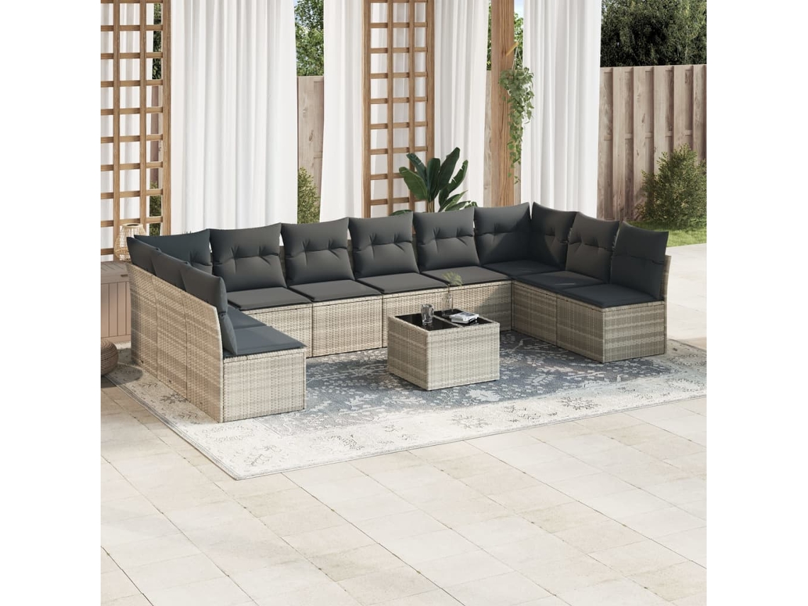 Vidaxl 11 Pcs Conjunto Sofás De Jardim C/ Almofadões Vime Pe Cinzento