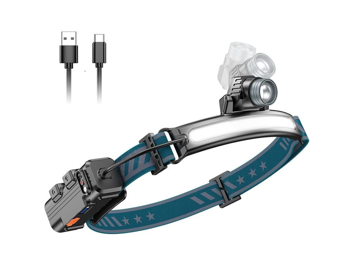 Linterna Frontal Led Recarregável Usb, Impermeável Ipx65 con Sensor, 1000 Lúmens, para Camping, Trekking y Ciclismo