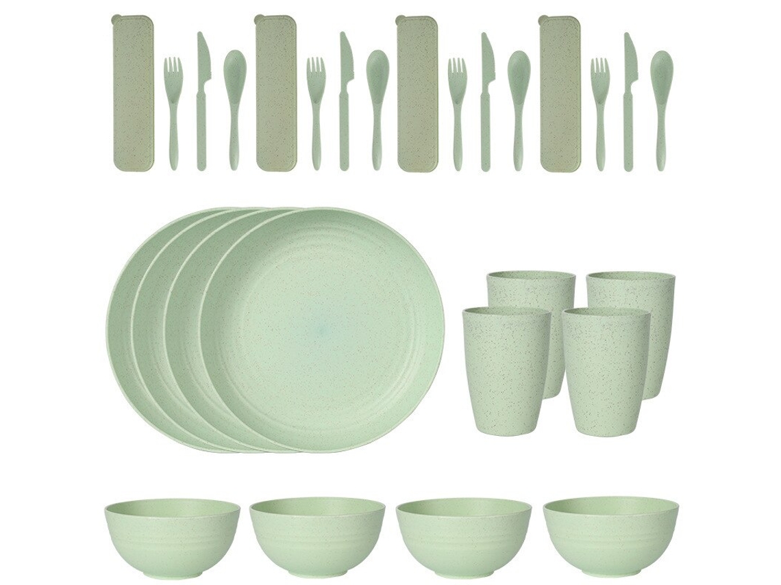 Conjunto de Talheres de Plástico com 24 Peças, Incluindo Pratos, Copos, Colheres e Facas. MDUG (verde)