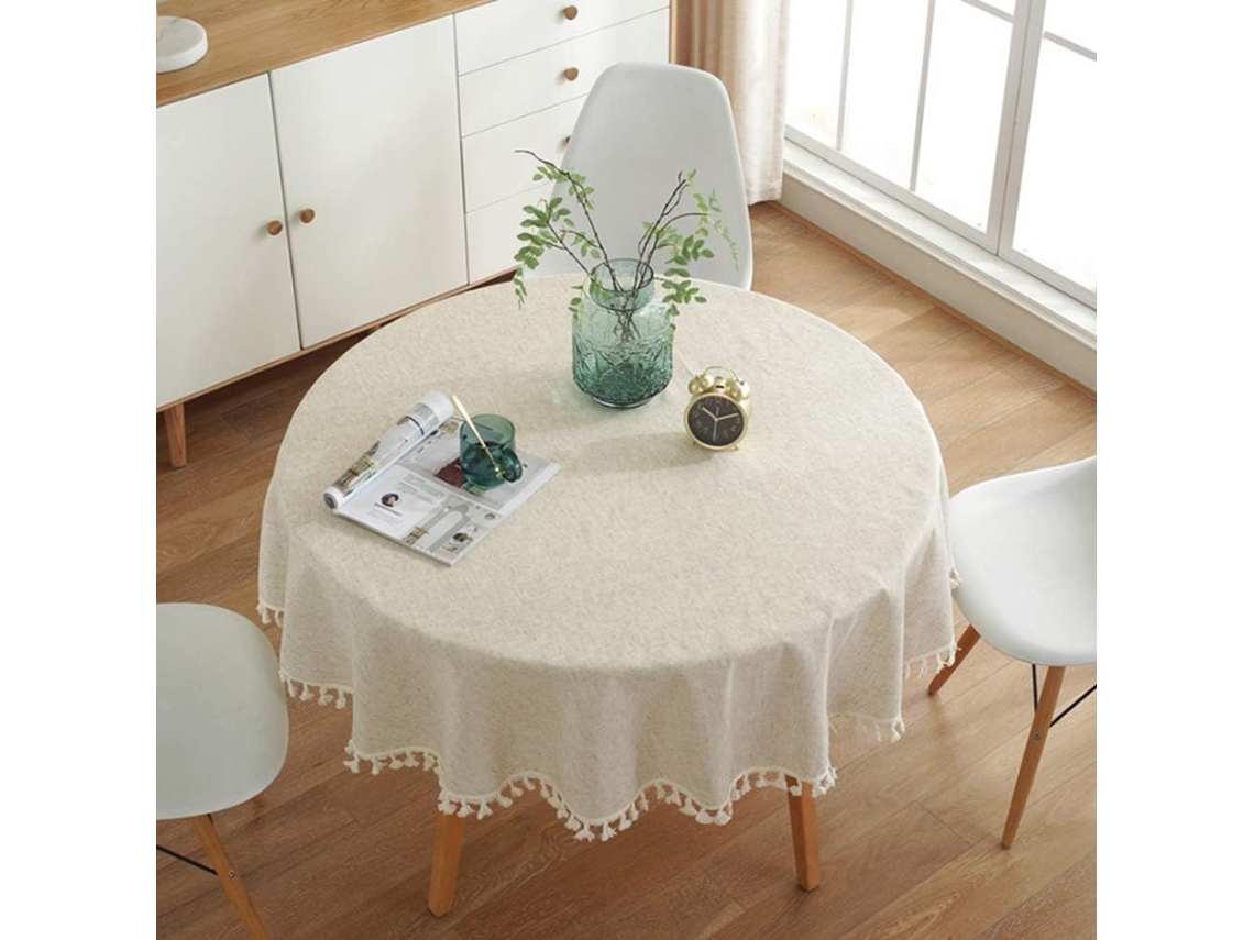 Toalha De Mesa Retangular Em Algodão E Linho, Com Borlas, Cor Sólida, Diâmetro 120 Cm - Elysve