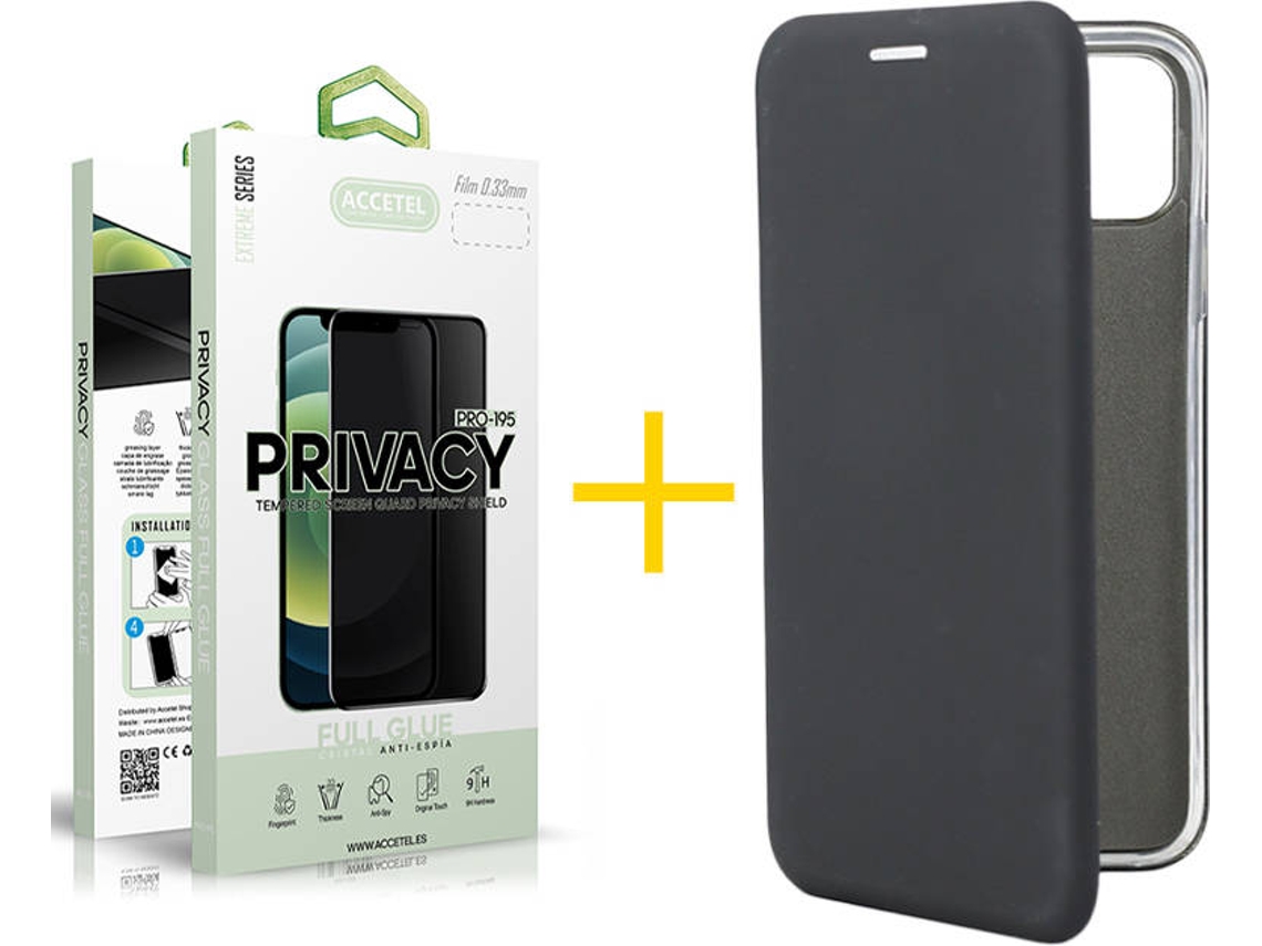 Capa + 1 Película de Vidro Anti-Spy iPhone 13 Mini ACCETEL PRM Flip Cover Preto