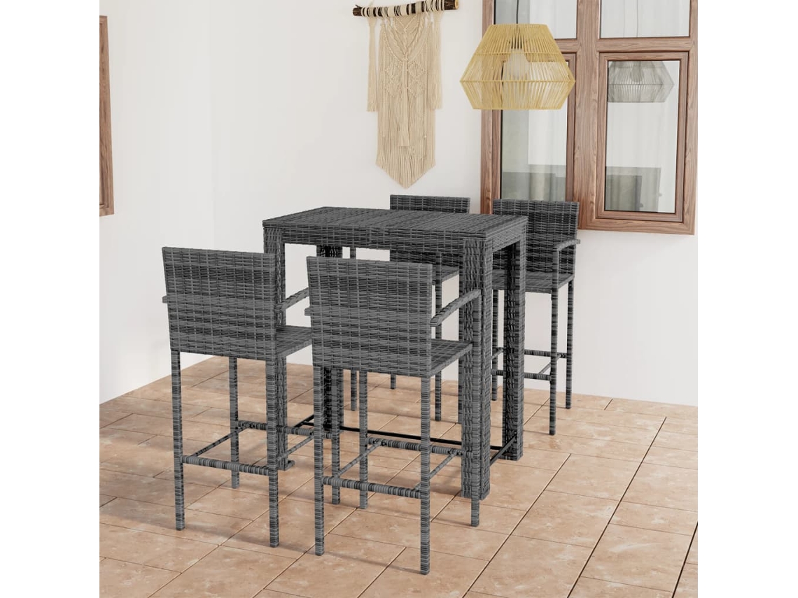 Vidaxl 5 Pcs Conj. De Bar Exterior C/ Apoio De Braços Vime Pe Cinzento