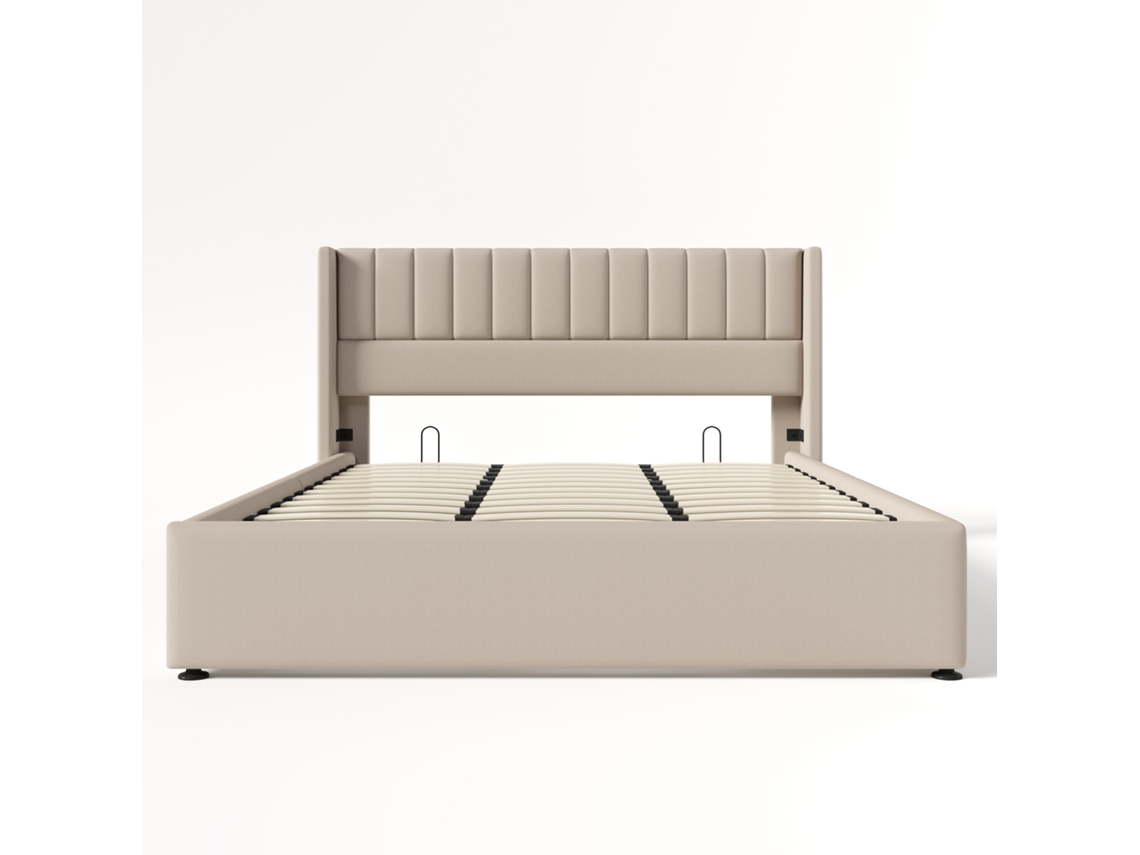 Cama de Casal Hidráulica 180x200 Cm com Arrumação e Estofado em Linho Bege, base de Ripas de Madeira e Metal PAPRIKA