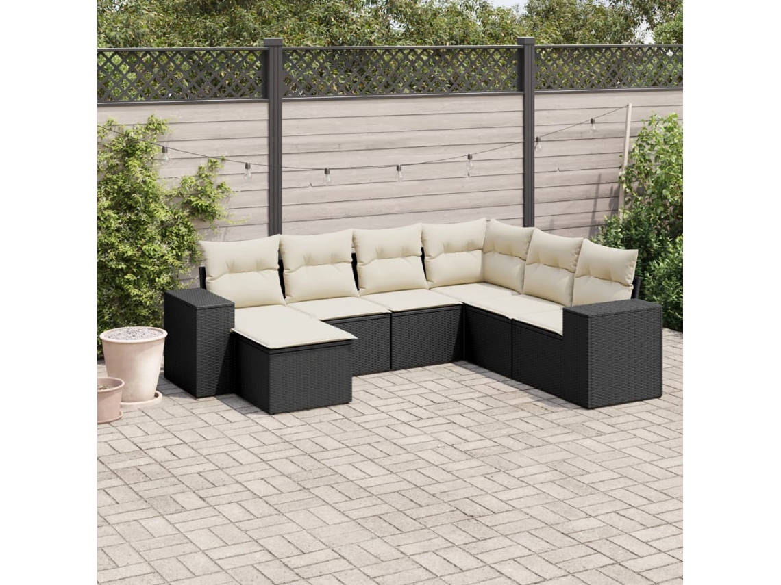 7 Pcs Conjunto De Sofás P/ Jardim C/ Almofadões Vime Pe Preto Dkd Home Decor
