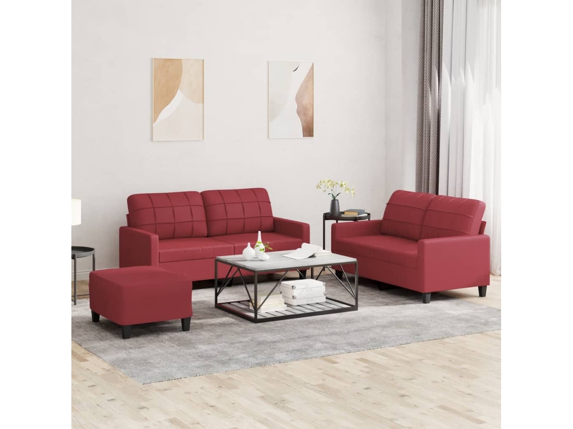 Vidaxl 3 Pcs Conjunto Sofás C/ Almofadões Couro Artif. Vermelho Tinto