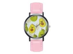 Relógio de pulso Zhoulianfa Quartz com pulseira de couro PU para homens e mulheres, mostrador rosa com estampa de frutas.