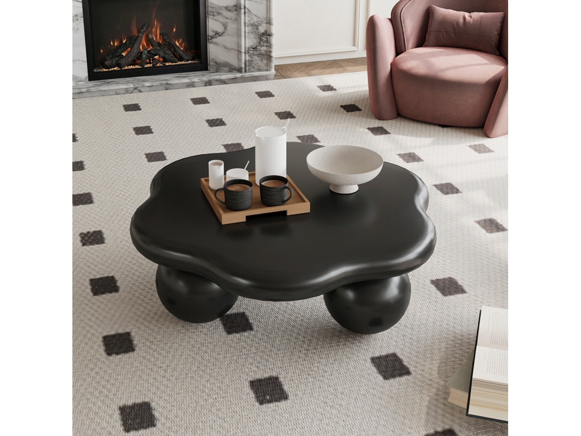 Mesa Preta Fosca 80cm Nuvem, Pétala Minimalista Com Pernas Esféricas. Segura Para Crianças E Pets, Ideal Para Salas Pequenas.