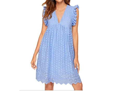 Vestido de Renda Manga Curta com Decote em V VCTEX  (Azul)