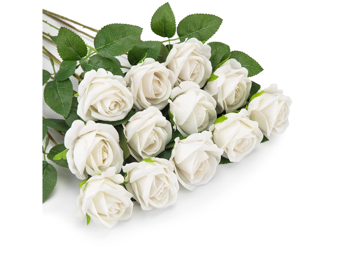 12 Rosas Artificiais, Flores de Flanela Falsas com Haste Longa e Botões de Rosa AQUAFORGE (brancas)