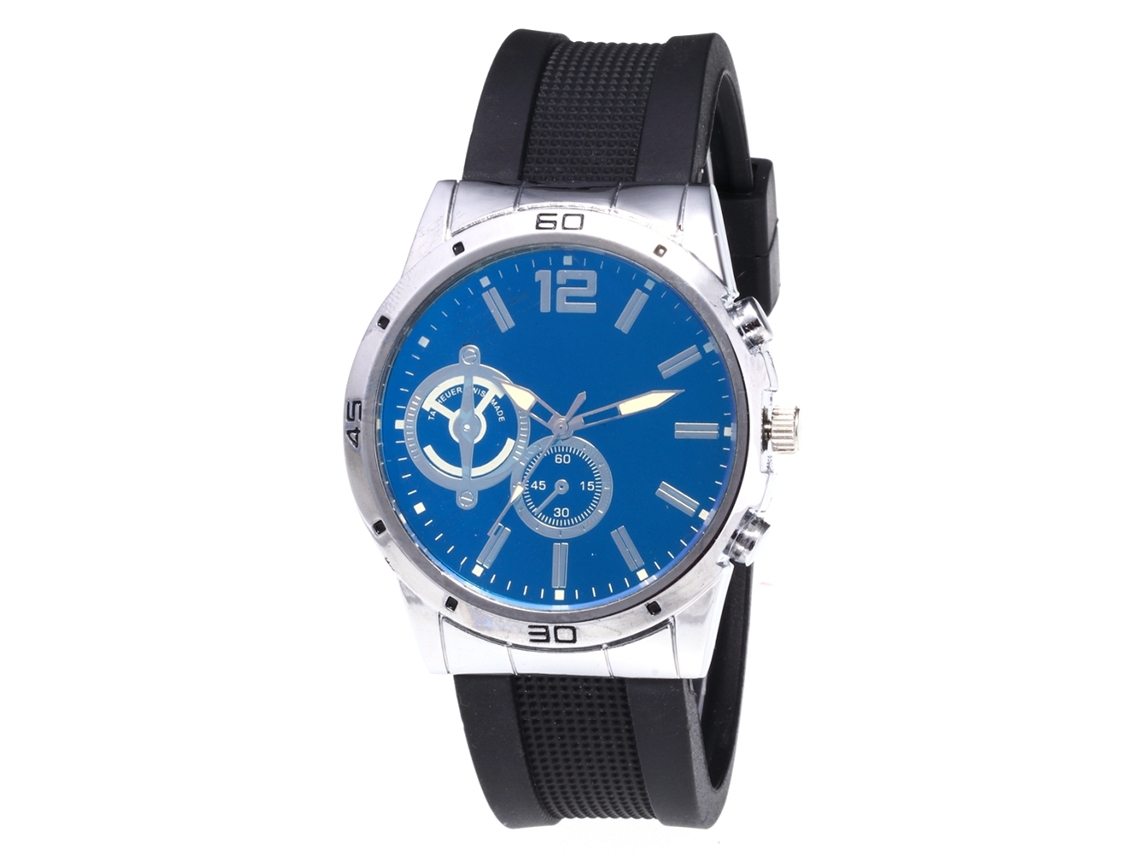 Relógio de quartzo casual unissex com pulseira de silicone, mostrador prateado e azul.
