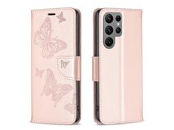 Capa De Couro Com Estampa De Duas Borboletas Em Relevo Para Samsung Galaxy S23 Ultra 5g