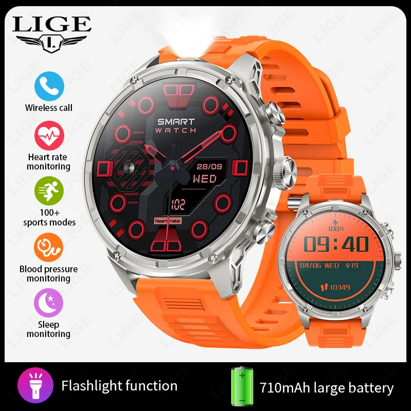 Smartwatch MDUG com GPS, tela AMOLED de 1.85 polegadas, bateria de 710mAh, chamadas Bluetooth, pulseira de malha, laranja