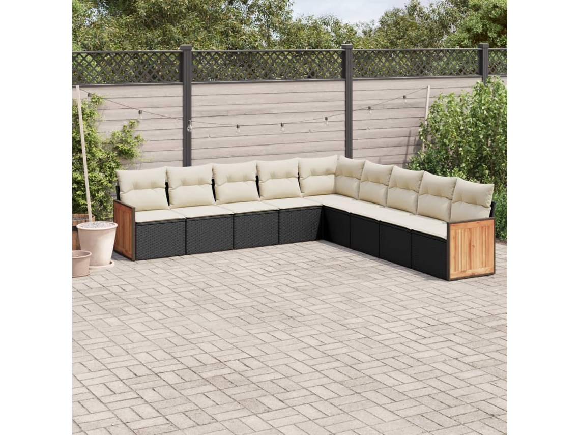 9 Pcs Conjunto De Sofás P/ Jardim C/ Almofadões Vime Pe Preto Dkd Home Decor