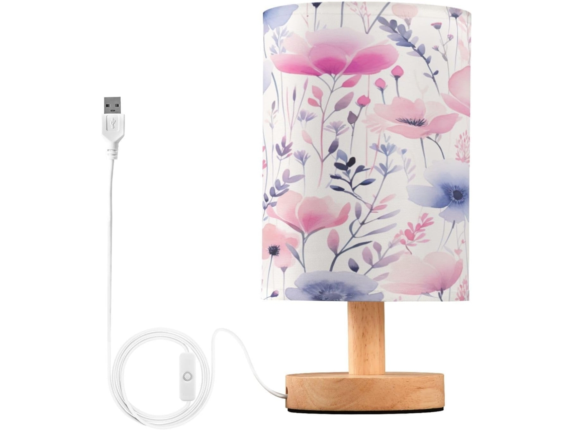 Abajur De Cabeceira Com Estampa Floral Em Aquarela, Portas De Carregaje USB C, Luminária De Mesa Cabeceira, Luminária