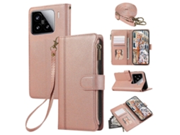 Capa De Couro Com Zíper E Vários Compartimentos Para Cartões Para Xiaomi 15 Com Alça De Ombro/pulseira Em Ouro Rosa