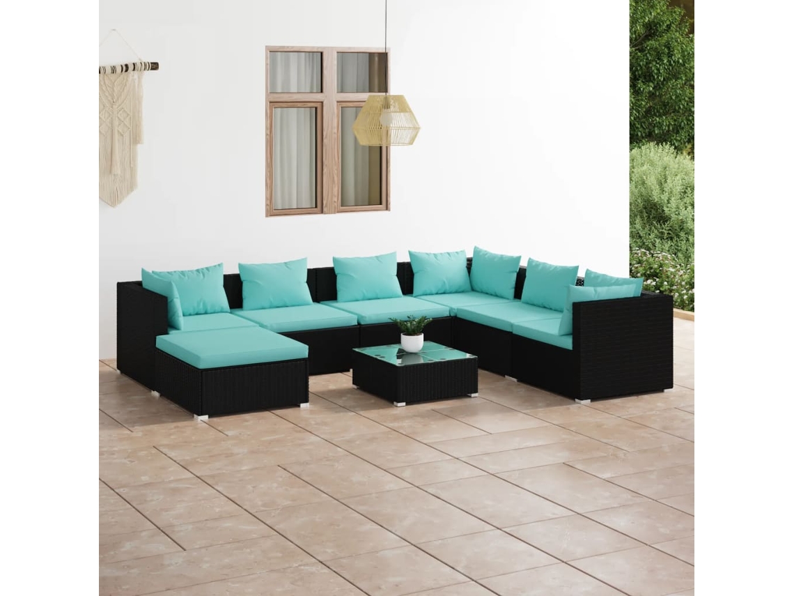 8 Pcs Conjunto Lounge De Jardim C/ Almofadões Vime Pe Preto Dkd Home Decor