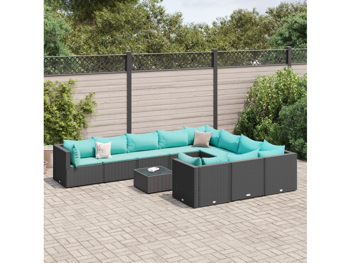Vidaxl 11 Pcs Conjunto Sofás De Jardim C/ Almofadões Vime Pe Preto