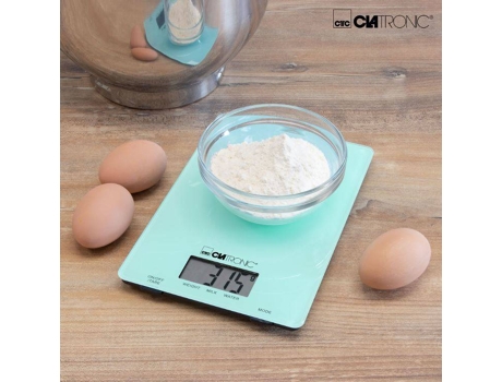 Balança de Cozinha CLATRONIC KW 3626 Verde (Capacidade: 5 Kg - Precisão: 1 g) — balança de cozinha com superfície em vidro, pesagem até 5kg com intervalos de 1g.