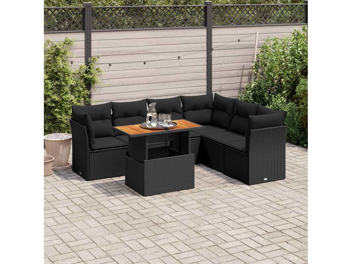 Vidaxl 7 Pcs Conjunto De Sofás P/ Jardim C/ Almofadões Vime Pe Preto