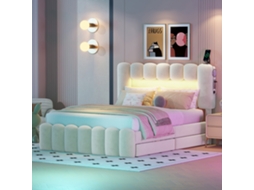 Cama Polster 140x200 Com 4 Gavetas Led Usb E Sistema De Som Bege