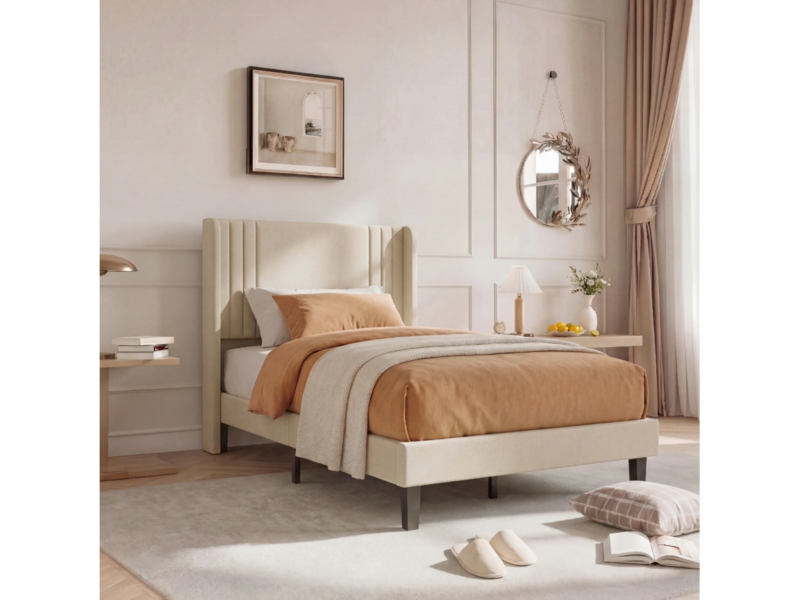 Cama De Solteiro 90x200 Em Linho Bege Com Cabeceira Acolchoada E Espaço De Arrumação - Estrutura Silenciosa E Robusta - Design Moderno