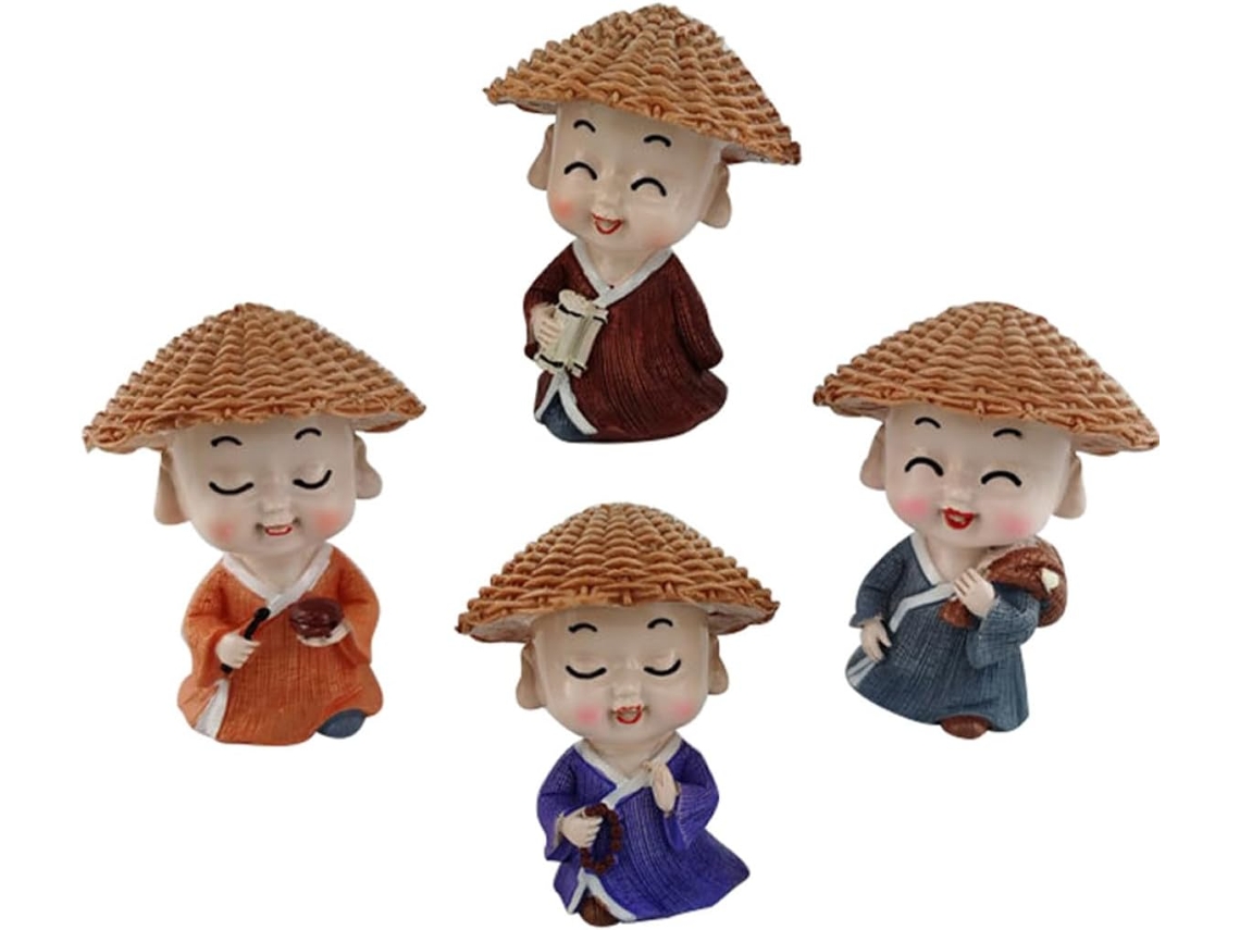 Conjunto 4 Estatuetas Monges Resina Leves Portáteis Estilo Artístico Perfeitas Decoração Presente Mesa Casa GOKOCO