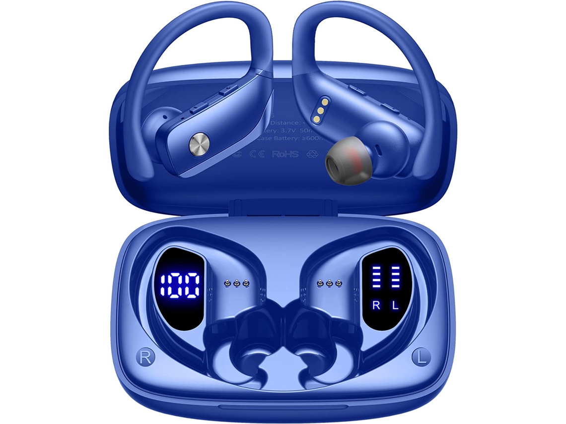 Fones de Ouvido Bluetooth Sem Fio, Visor Led, Duração de 48 Horas, Ganchos Auriculares e Microfone MDUG (azul)