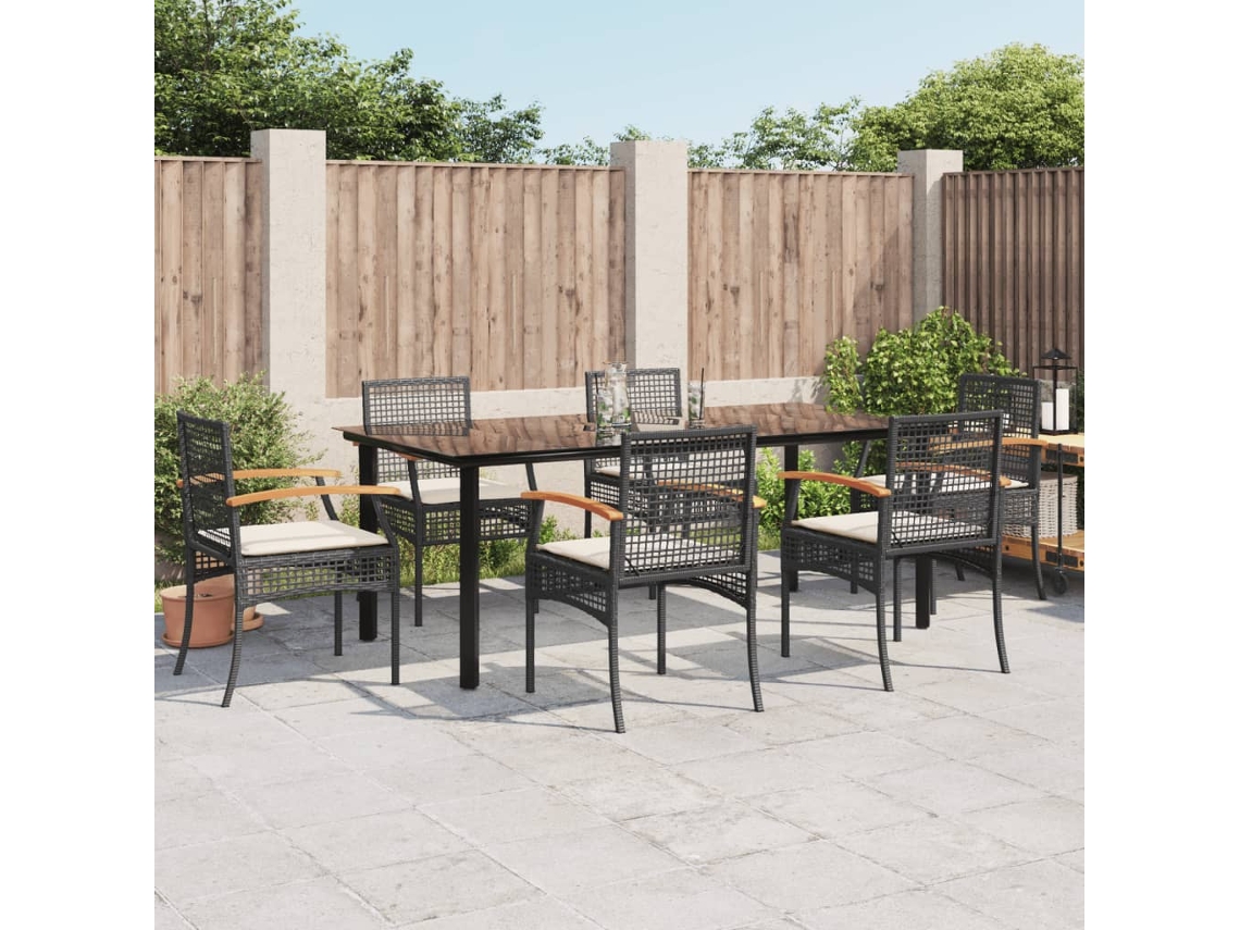 Conjunto 7 Peças Jantar P/ Jardim C/ Almofadões Vime Pe Preto Dkd Home Decor