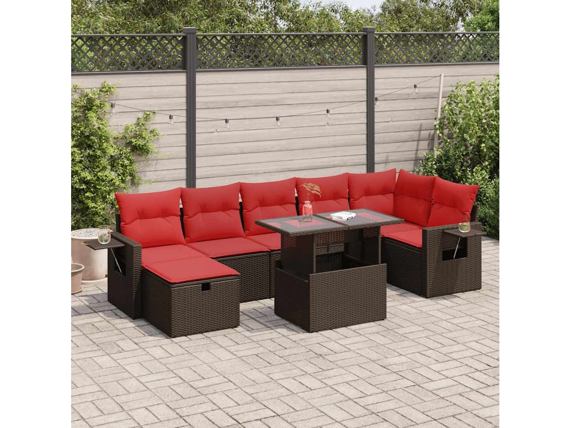 Vidaxl 8 Pcs Conjunto Sofás Jardim Com Almofadões Vime Pe/acácia Castanho