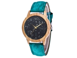 Relógio de quartzo casual Zhoulianfa com estampa de céu estrelado verde e denim.