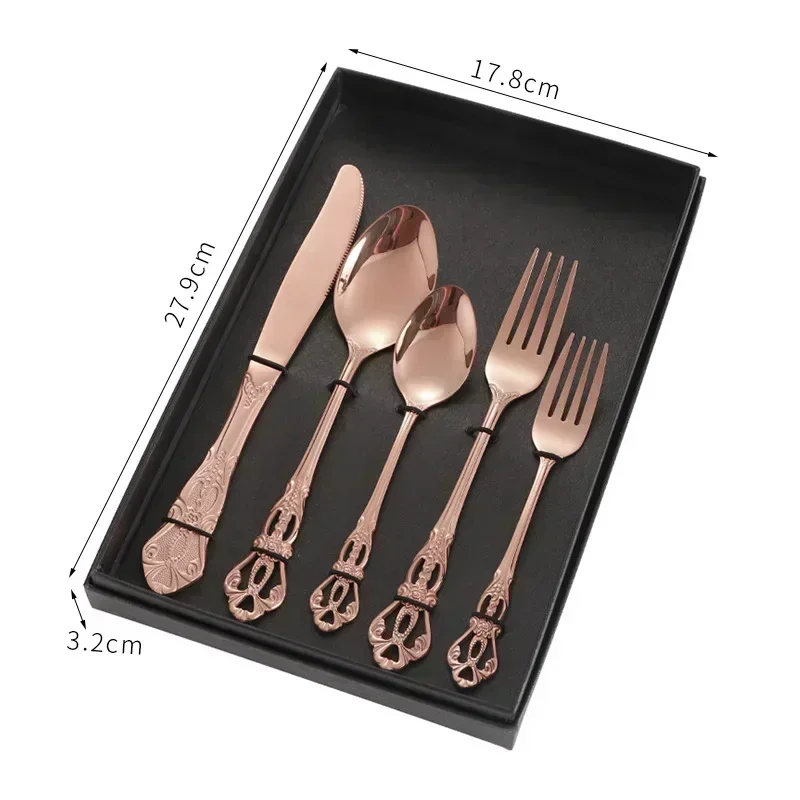 Conjunto de Talheres de Aço Inoxidável com Colher e Garfo Europeus Reais, Design Vintage, Lavável na Máquina de Lavar Louça MDUG (ouro Rosa, 5 Peças)