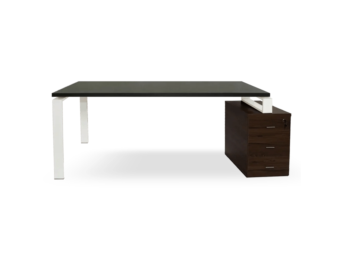 Mesa De Nogueira Com Gavetas. Estrutura De Metal Branco. 75 X 155,5 X 60 Cm. Tampo Cinza Grafite. Ofilike