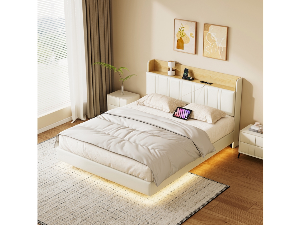 CAMA DE 160x200cm com gavetas, cabeceira com LED, USB, estrutura preta