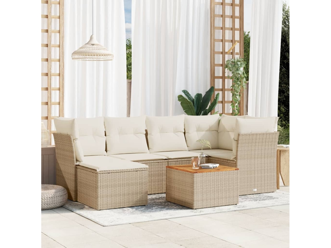 Vidaxl 7 Pcs Conjunto De Sofás P/ Jardim Com Almofadões Vime Pe Bege