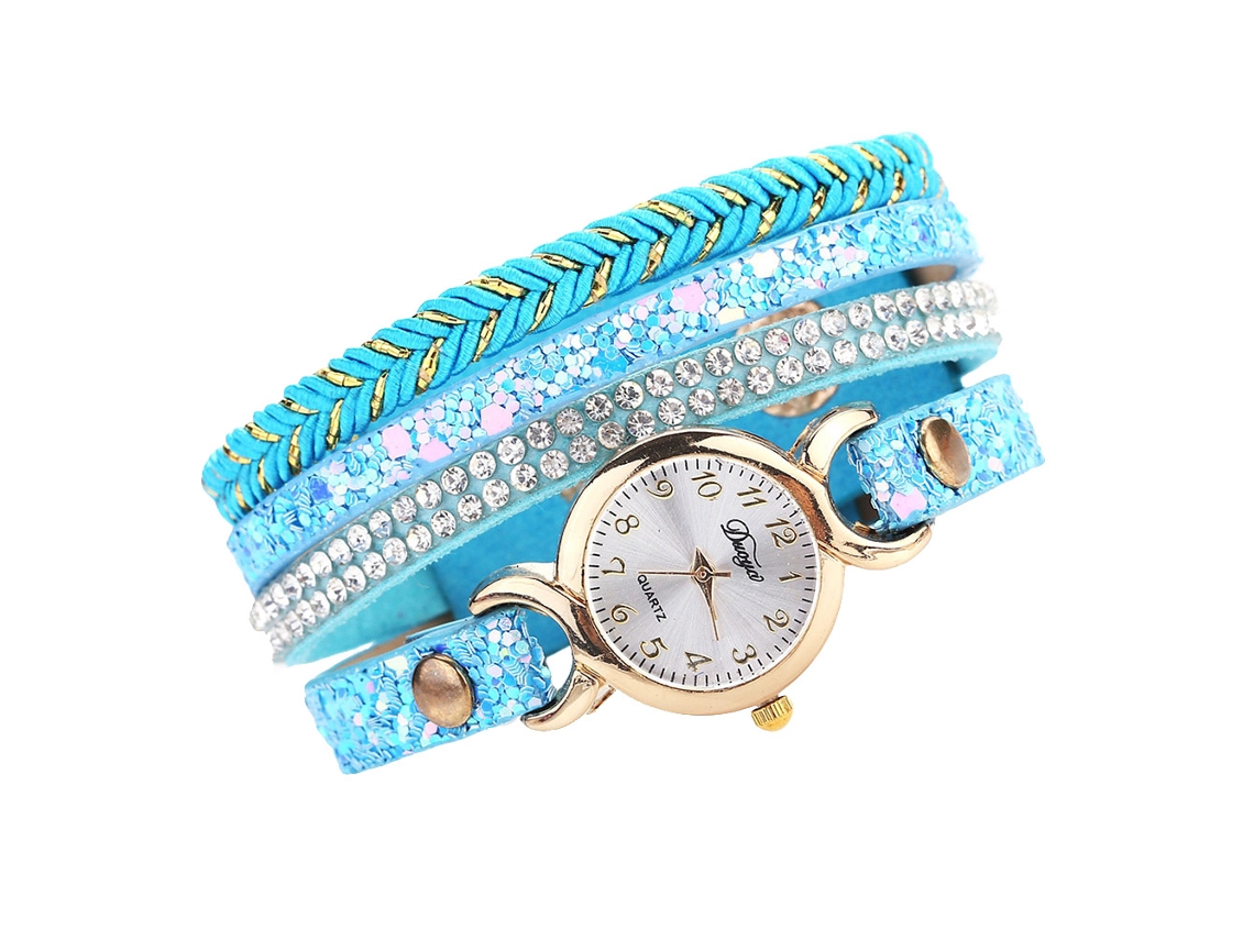 Relógio de Pulso Feminino Fashion com Pulseira de Couro Pu e Strass Azul Céu