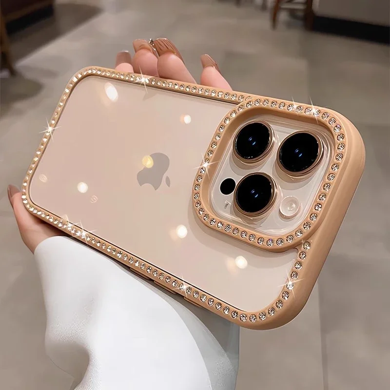 Capa Transparente Para Celular (iphone 14 Pro Max, Dourada) Com Strass Brilhantes, Proteção Contra Impactos E Estrutura Rígida De Acrílico.