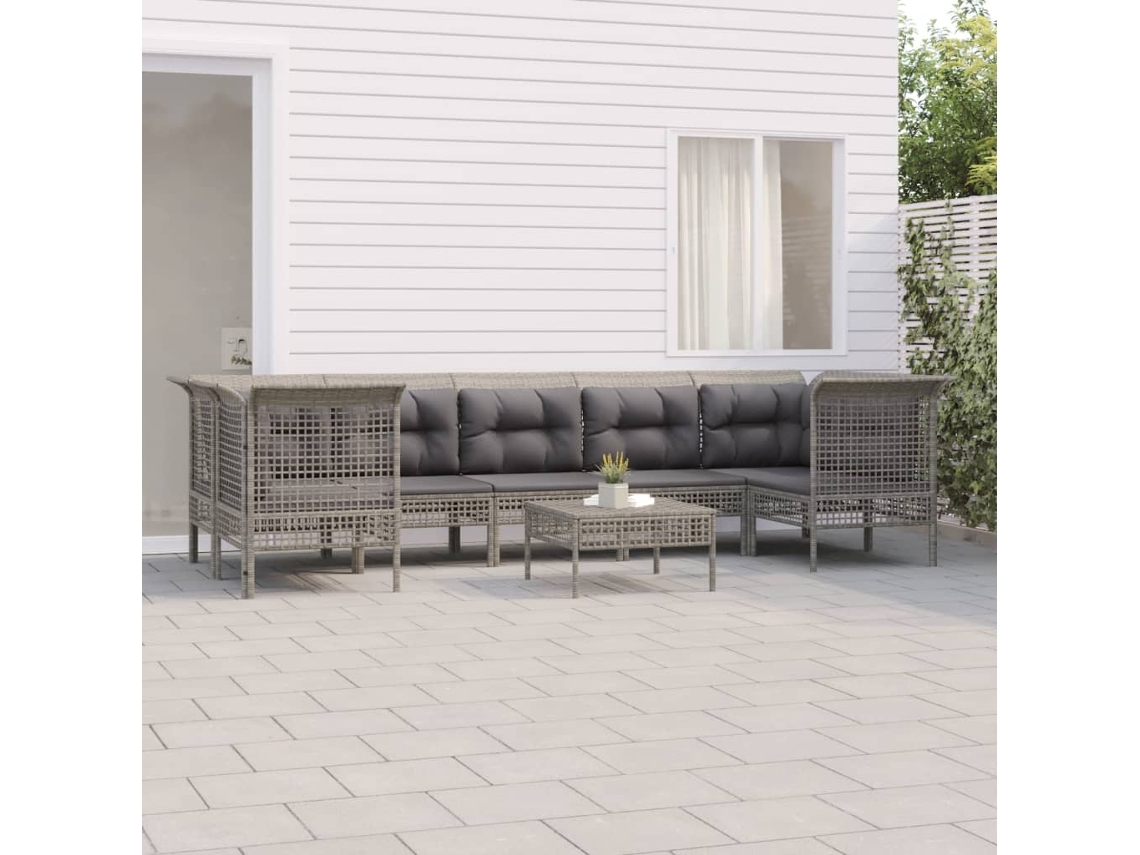 8 Pcs Conjunto Lounge De Jardim C/ Almofadões Vime Pe Cinzento Dkd Home Decor
