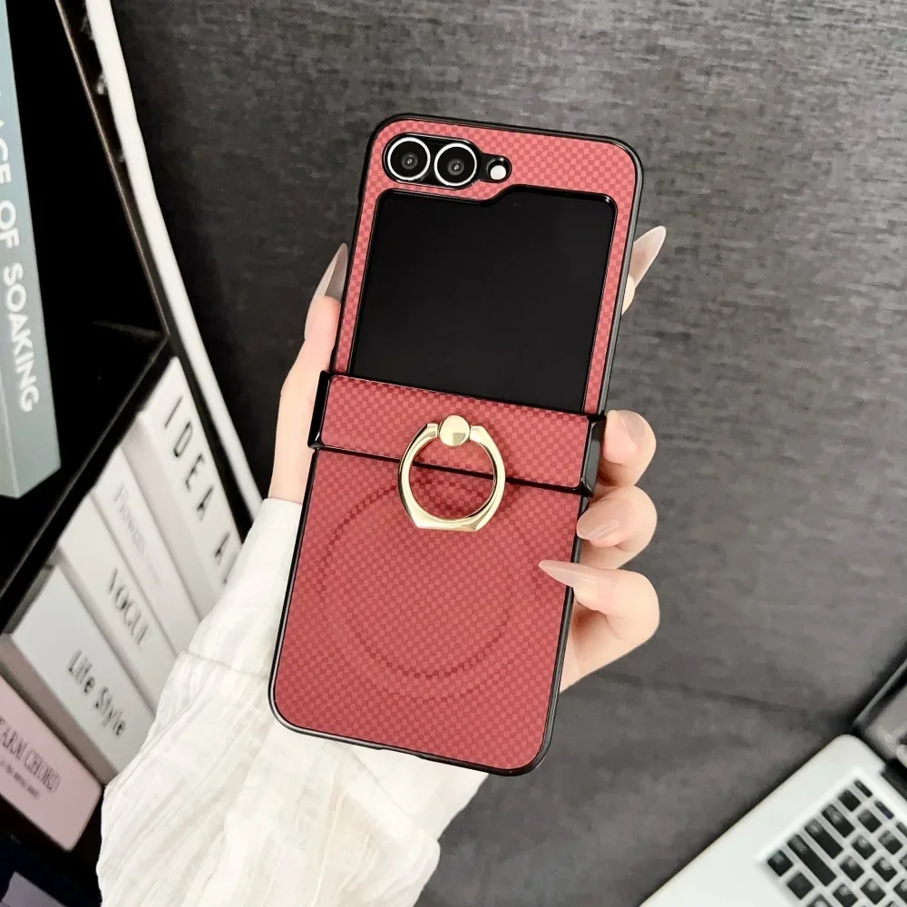 (vermelho, Galaxy Z Flip7 Fe) Capa Magnética De Couro Com Padrão Xadrez E Suporte De Anel Articulado Para Celular.