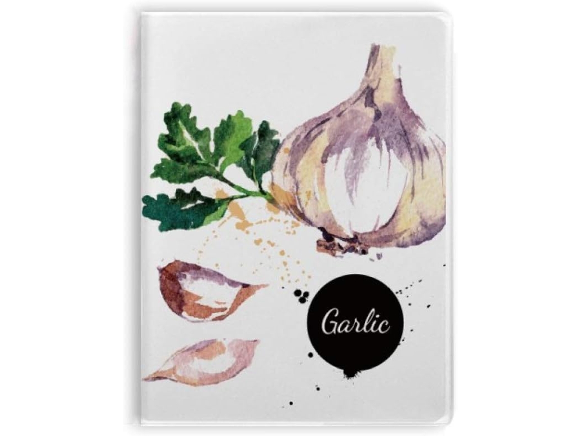 Caderno com estampa de alho e vegetais e capa em aquarela.
