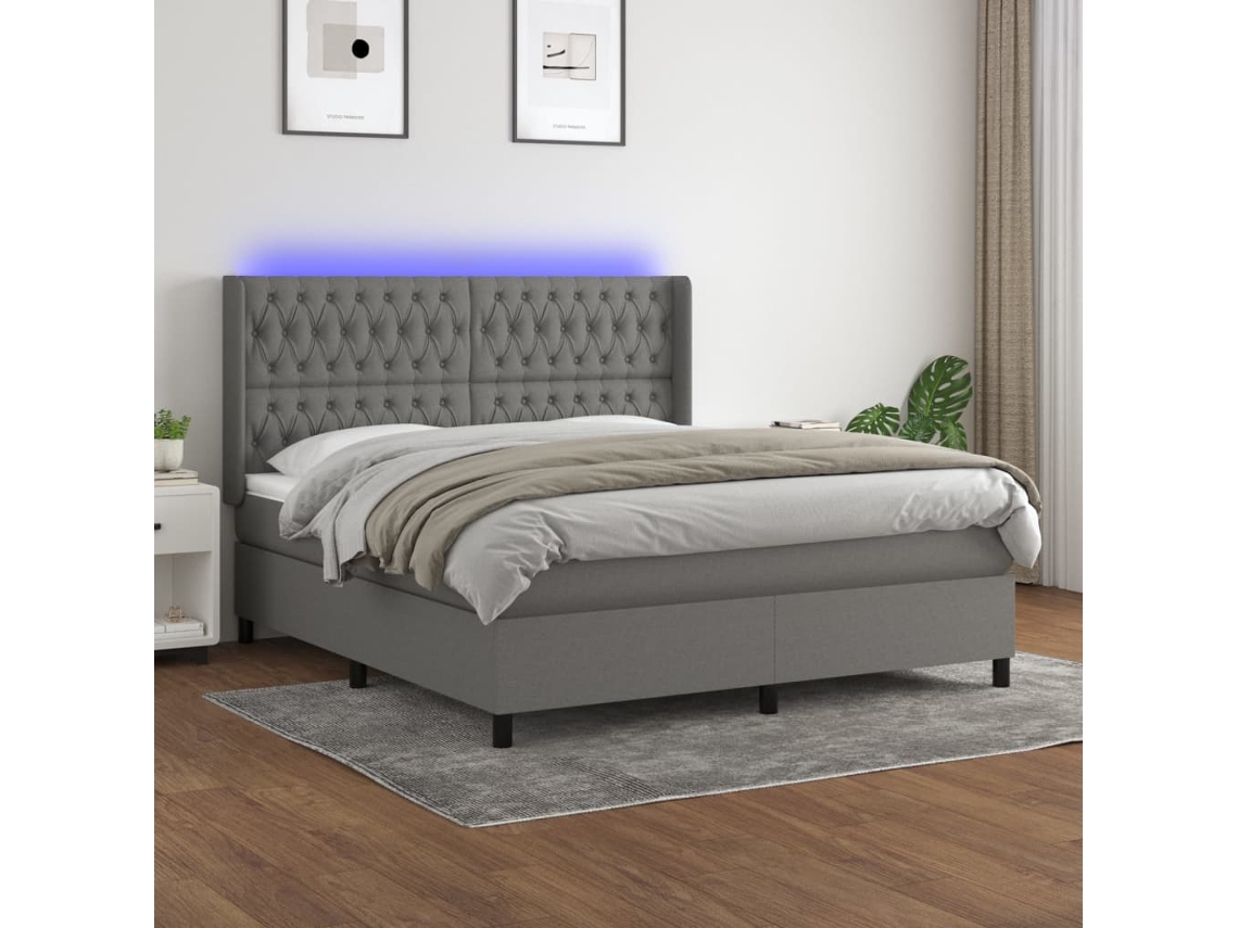 Vidaxl Cama Box Spring C/ Colchão E Led 160x200 Cm Tecido Cinza-escuro