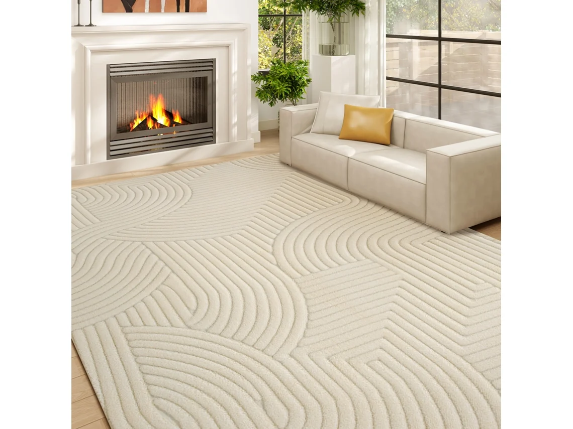 Tapete Sala Estar 160x120 Cm Alcatifa Pelo Curto Moderno Base Antiderrapante Tecida À Máquina Creme