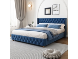Cama Box 160x200cm Com Estrado, Cabeceira, Botões, Tachas, Pés De Madeira, Veludo Azul.
