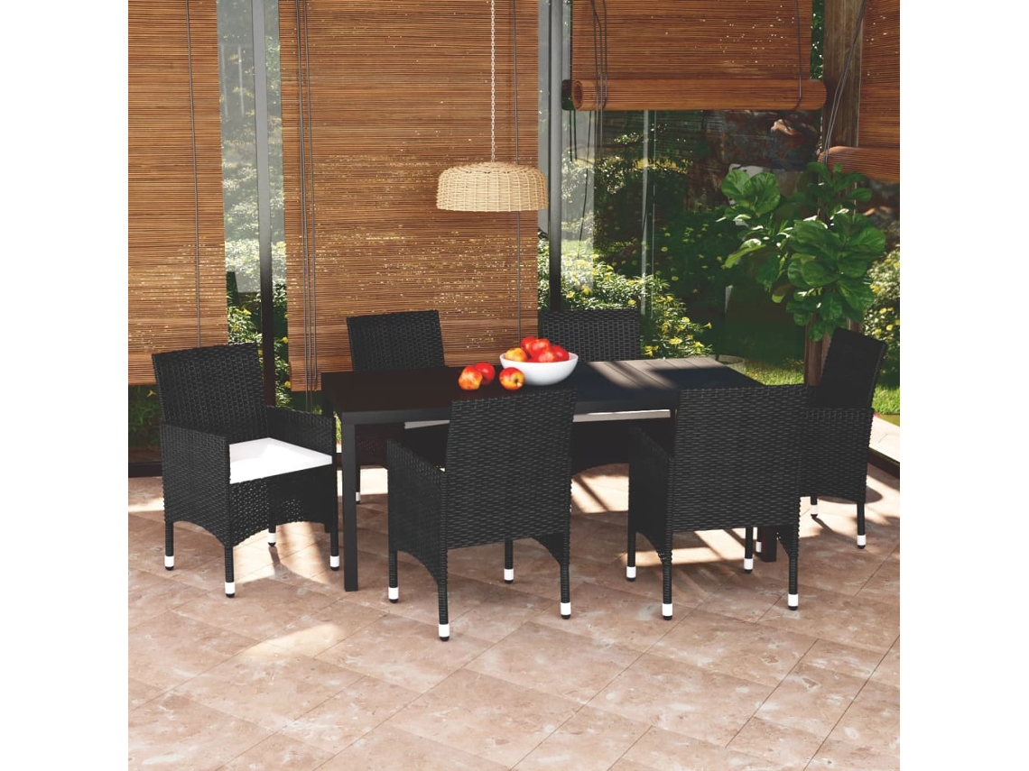 Vidaxl 7 Pcs Conjunto De Jantar P/ Jardim C/ Almofadões Vime Pe Preto