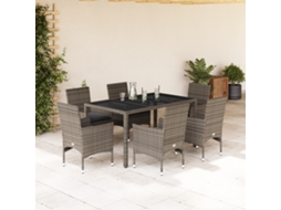 Vidaxl 7 Pcs Conjunto Jantar Jardim C/ Almofadões Vime Pe/vidro Cinza