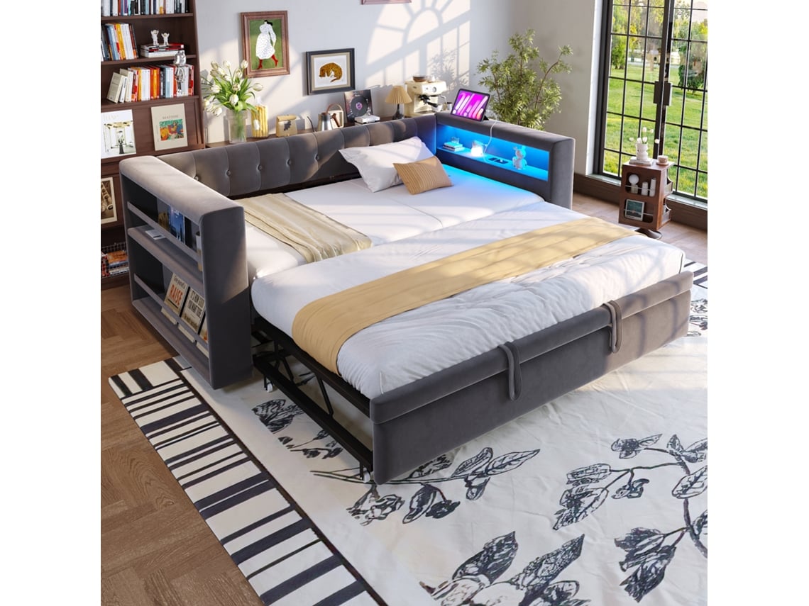 Cama Estofada 90/180×190 Cm, Com Led, Tomadas E Muito Espaço Sofá-cama Multifuncional, Solteiro, Cinza Escuro.