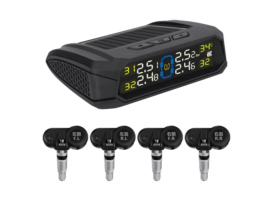 Sistema de monitoramento de pressão para dois pneus de carro não conectados à rede Fios, com LED Ecrão de 433,92 MHz e energia solar externa, com 4 sensores de tempo.