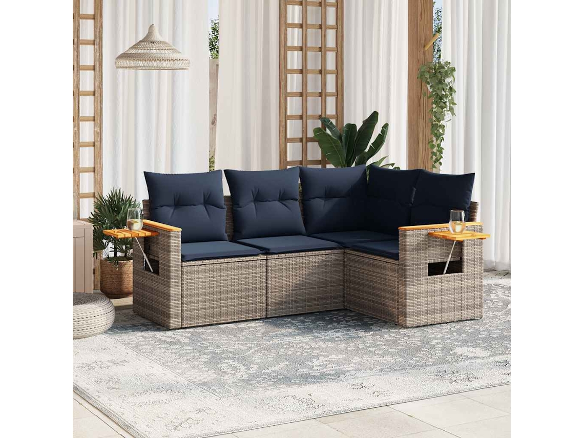 Vidaxl 4 Pcs Conjunto Sofás P/ Jardim C/ Almofadões Vime Pe Cinzento