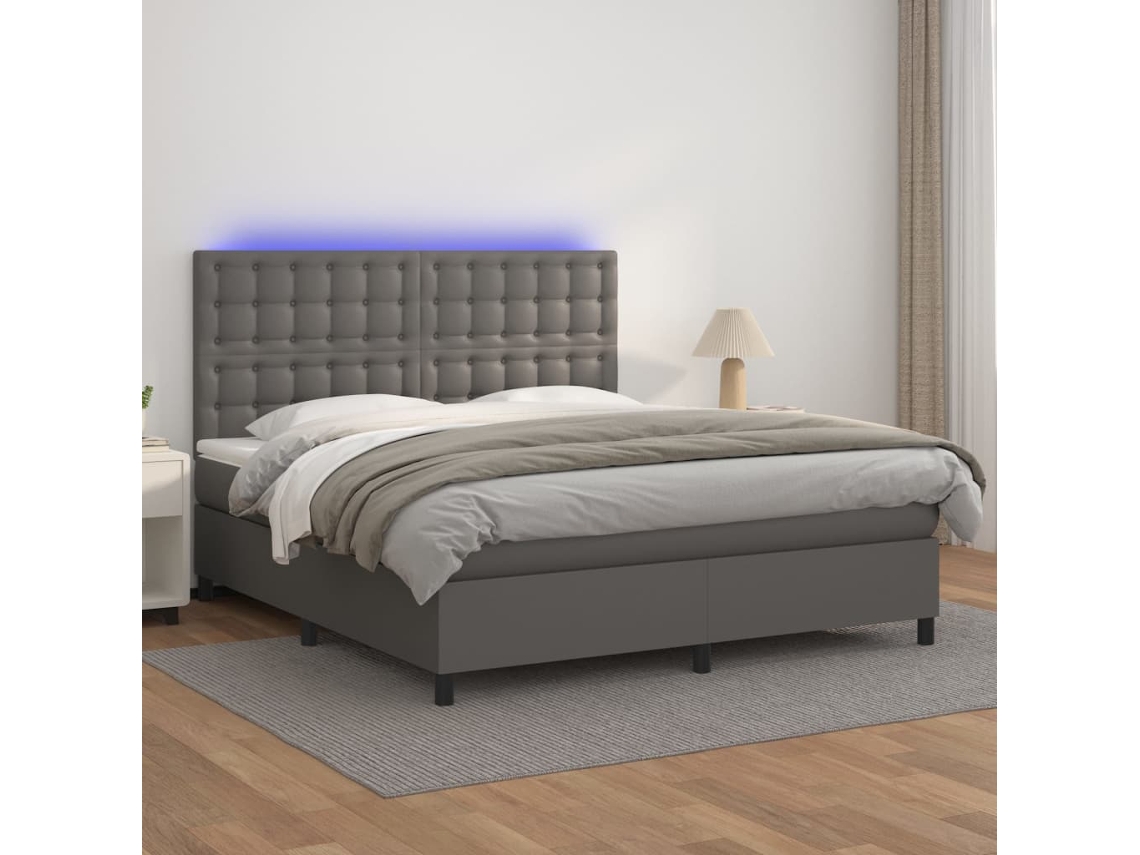 Cama Box Spring C/ Colchão/led 160x200cm Couro Artificial Cinza